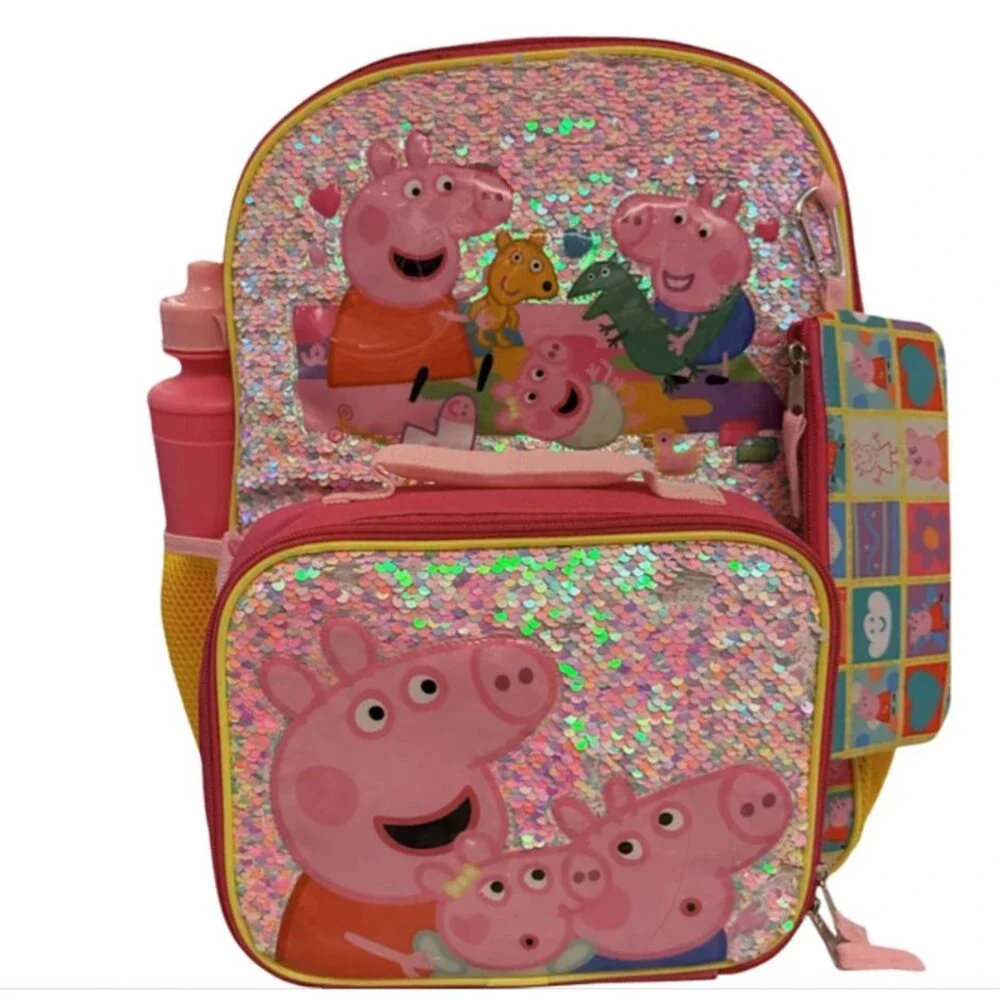 Peppa Pig Girls Pink 16 inch Backpack 5pc Set Lunch Bag Gadget Case New